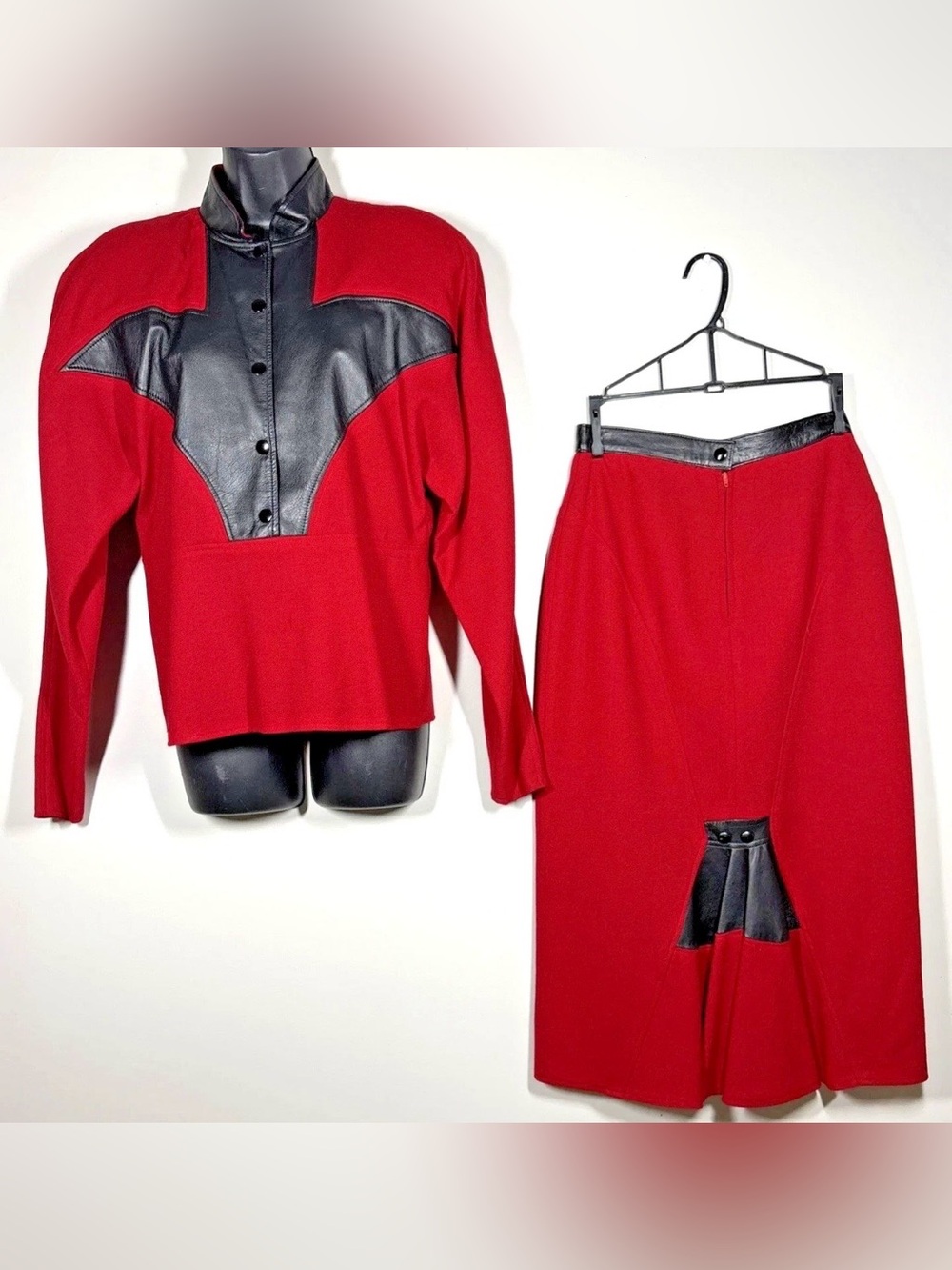 Vtg 80s 90s Leather Obsessions Red wool Suit Jacket Skirt western rockabilly